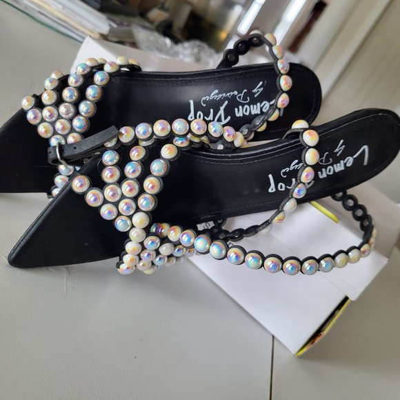 Black Satin heels with pearl straps - Picture 4 of 5